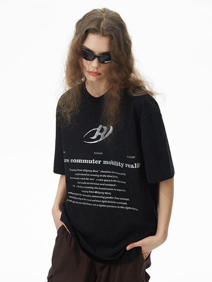 RUN TO THE FUTURE Pure Cotton Geometric Street Loose Fit Unisex Black Crew Short Sleeve T-Shirts