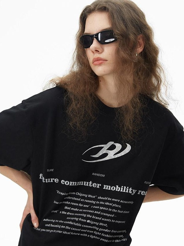RUN TO THE FUTURE Pure Cotton Geometric Street Loose Fit Unisex Black Crew Short Sleeve T-Shirts