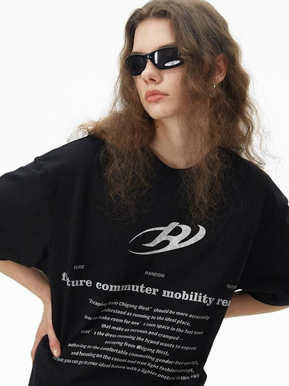 RUN TO THE FUTURE Pure Cotton Geometric Street Loose Fit Unisex Black Crew Short Sleeve T-Shirts