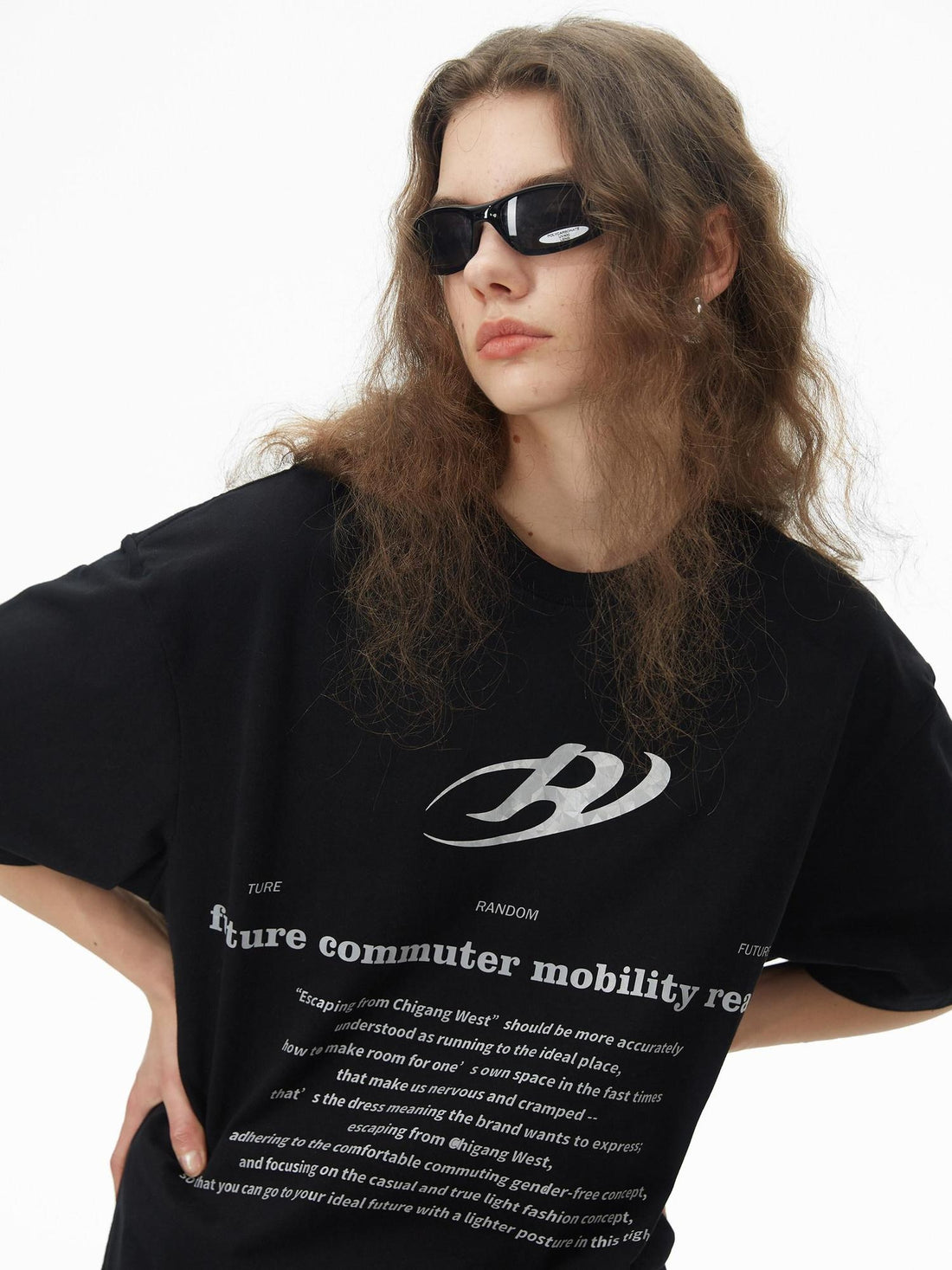 RUN TO THE FUTURE Pure Cotton Geometric Street Loose Fit Unisex Black Crew Short Sleeve T-Shirts
