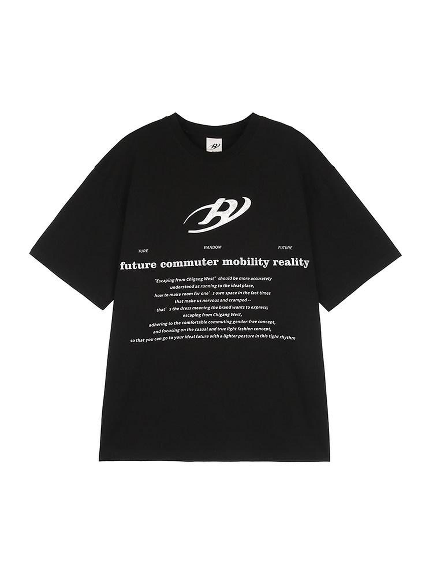RUN TO THE FUTURE Pure Cotton Geometric Street Loose Fit Unisex Black Crew Short Sleeve T-Shirts
