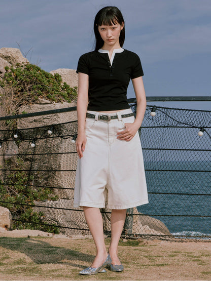 RUN TO THE FUTURE Pure Cotton Low Rise Minimal Straight Pockets Women Ivory Denim Shorts