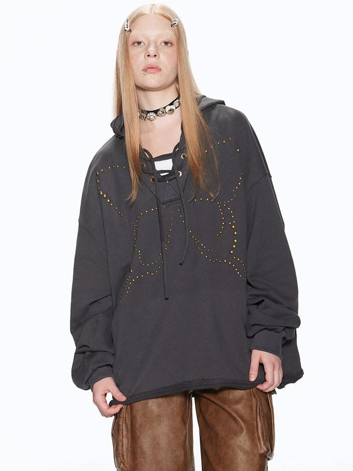 RUN TO THE FUTURE Pure Cotton Oversized Patch Detail Streetwear Unisex Forest River Gray Hoodies