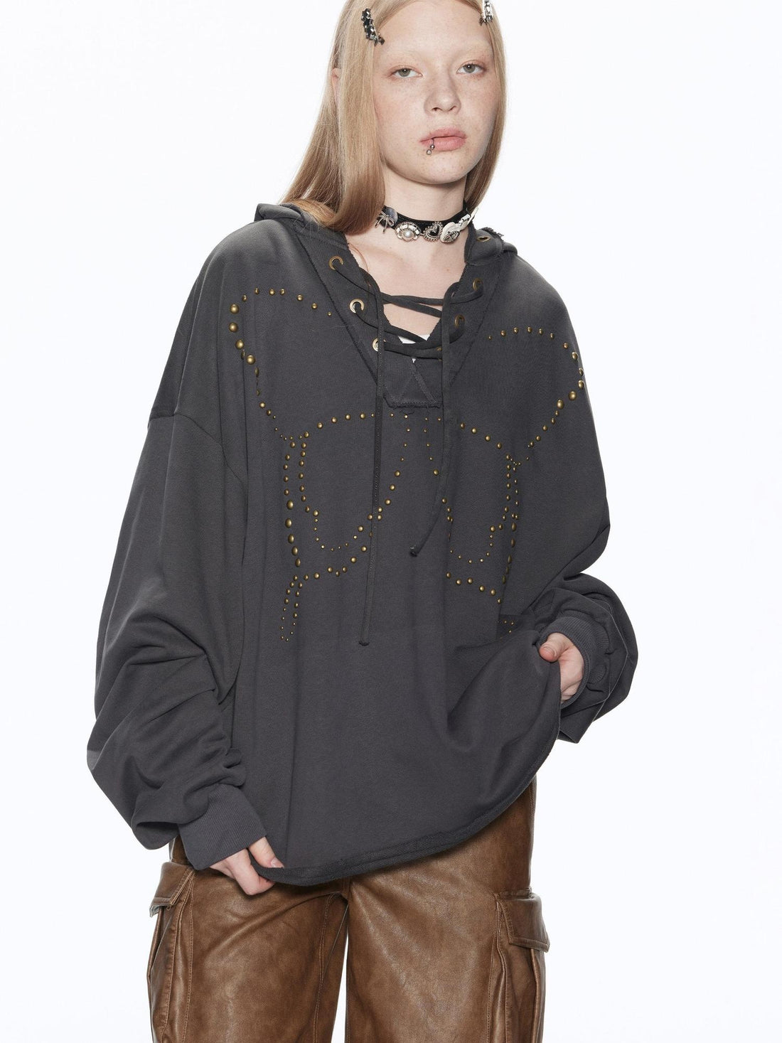 RUN TO THE FUTURE Pure Cotton Oversized Patch Detail Streetwear Unisex Forest River Gray Hoodies