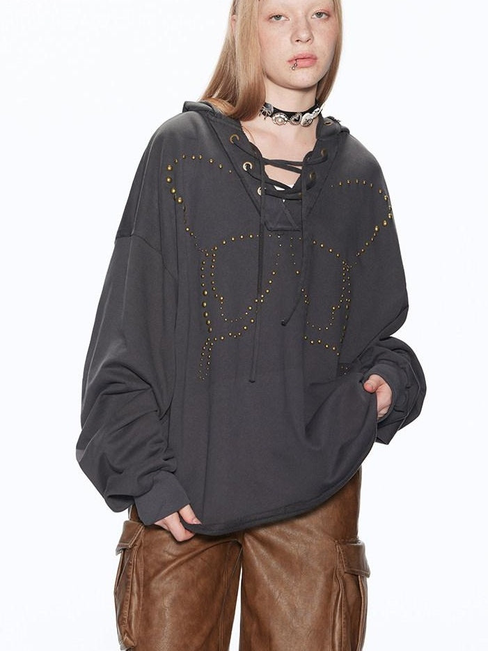RUN TO THE FUTURE Pure Cotton Oversized Patch Detail Streetwear Unisex Forest River Gray Hoodies