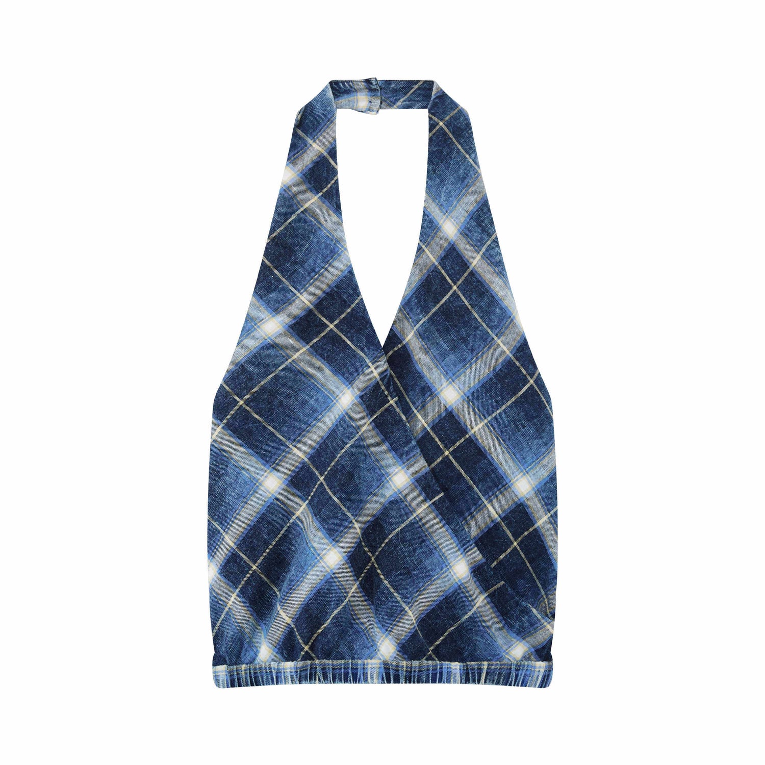 RUN TO THE FUTURE Pure Cotton Plaid V-neck Halter Slim Fit Elastic Hem Women T Shirt Crop Tops