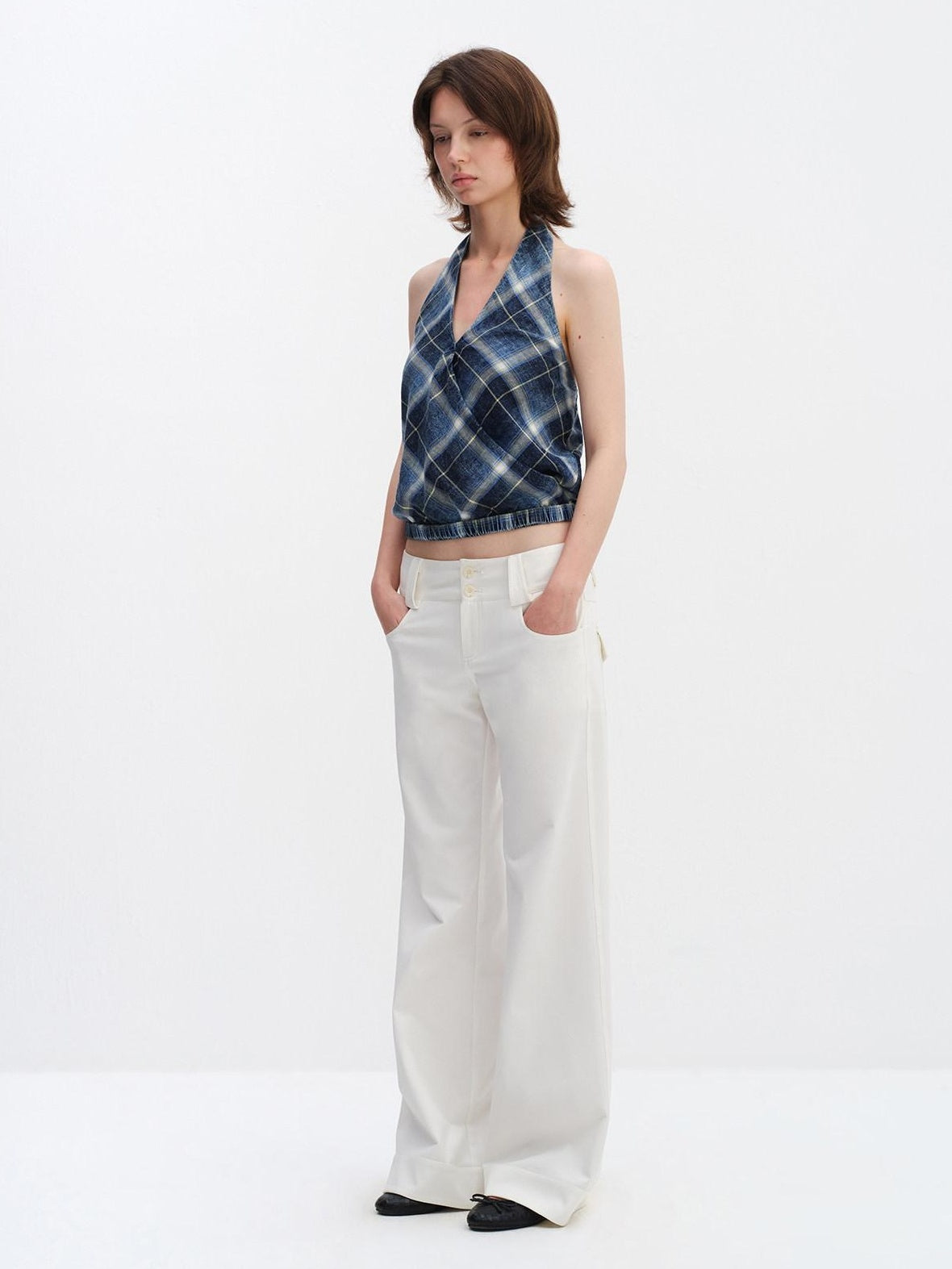 RUN TO THE FUTURE Pure Cotton Plaid V-neck Halter Slim Fit Elastic Hem Women T Shirt Crop Tops