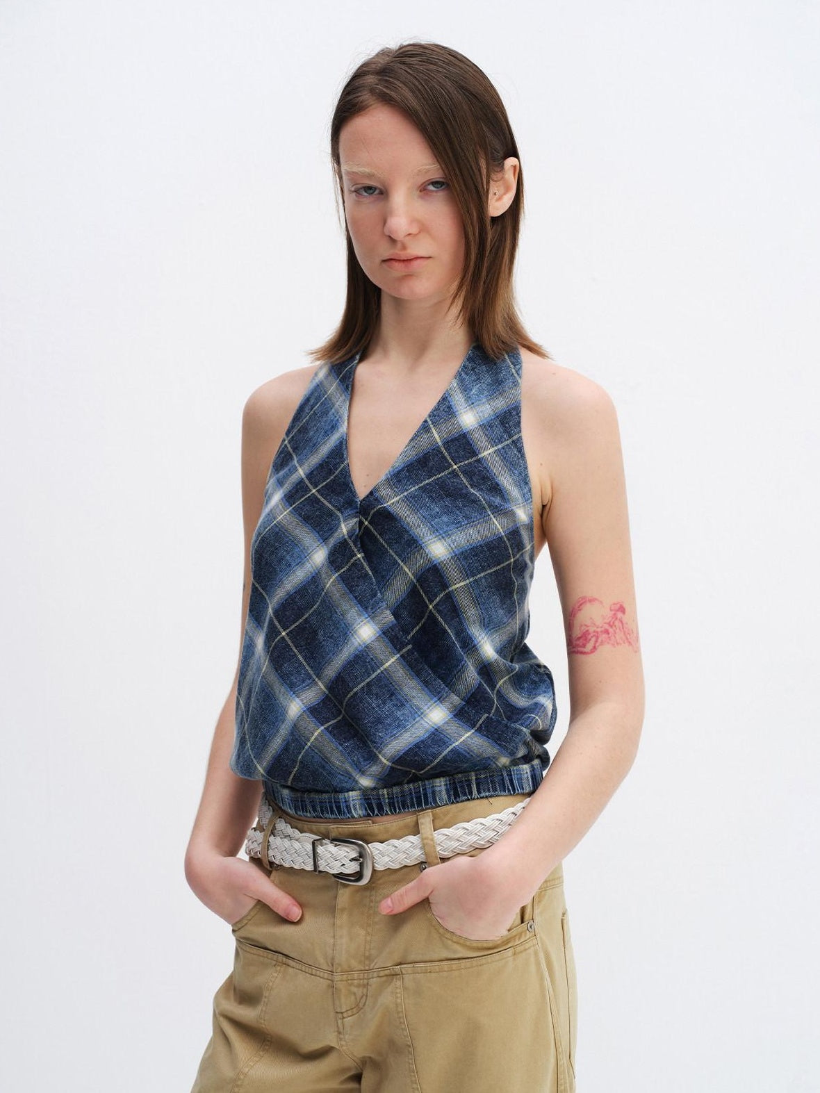 RUN TO THE FUTURE Pure Cotton Plaid V-neck Halter Slim Fit Elastic Hem Women T Shirt Crop Tops