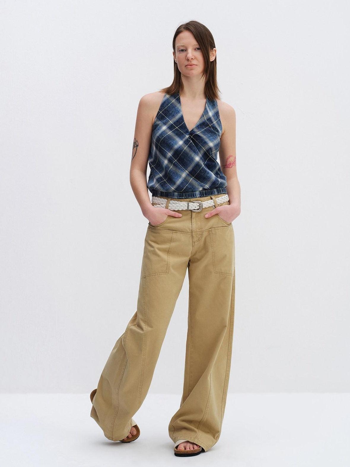 RUN TO THE FUTURE Pure Cotton Plaid V-neck Halter Slim Fit Elastic Hem Women T Shirt Crop Tops