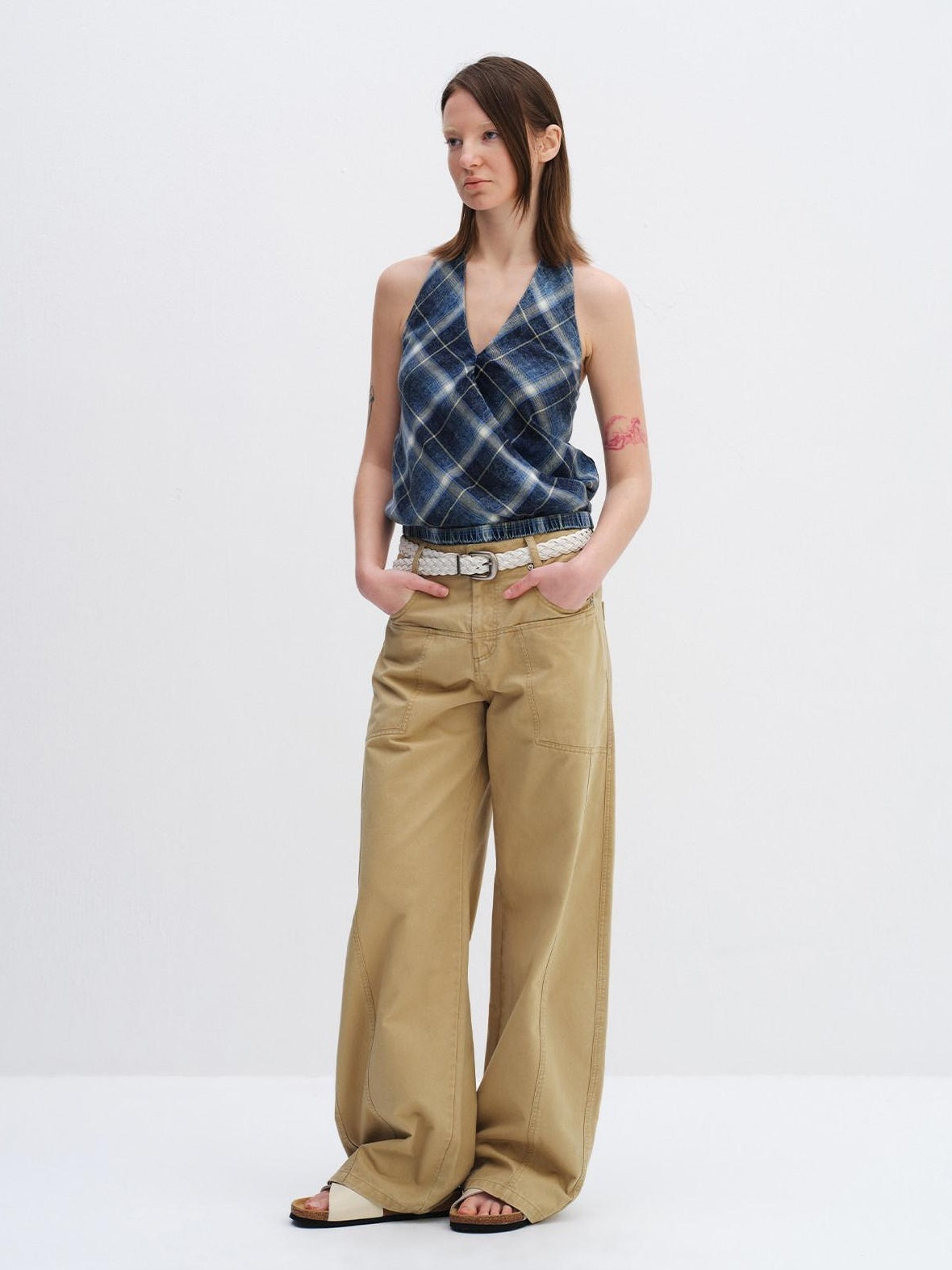 RUN TO THE FUTURE Pure Cotton Plaid V-neck Halter Slim Fit Elastic Hem Women T Shirt Crop Tops