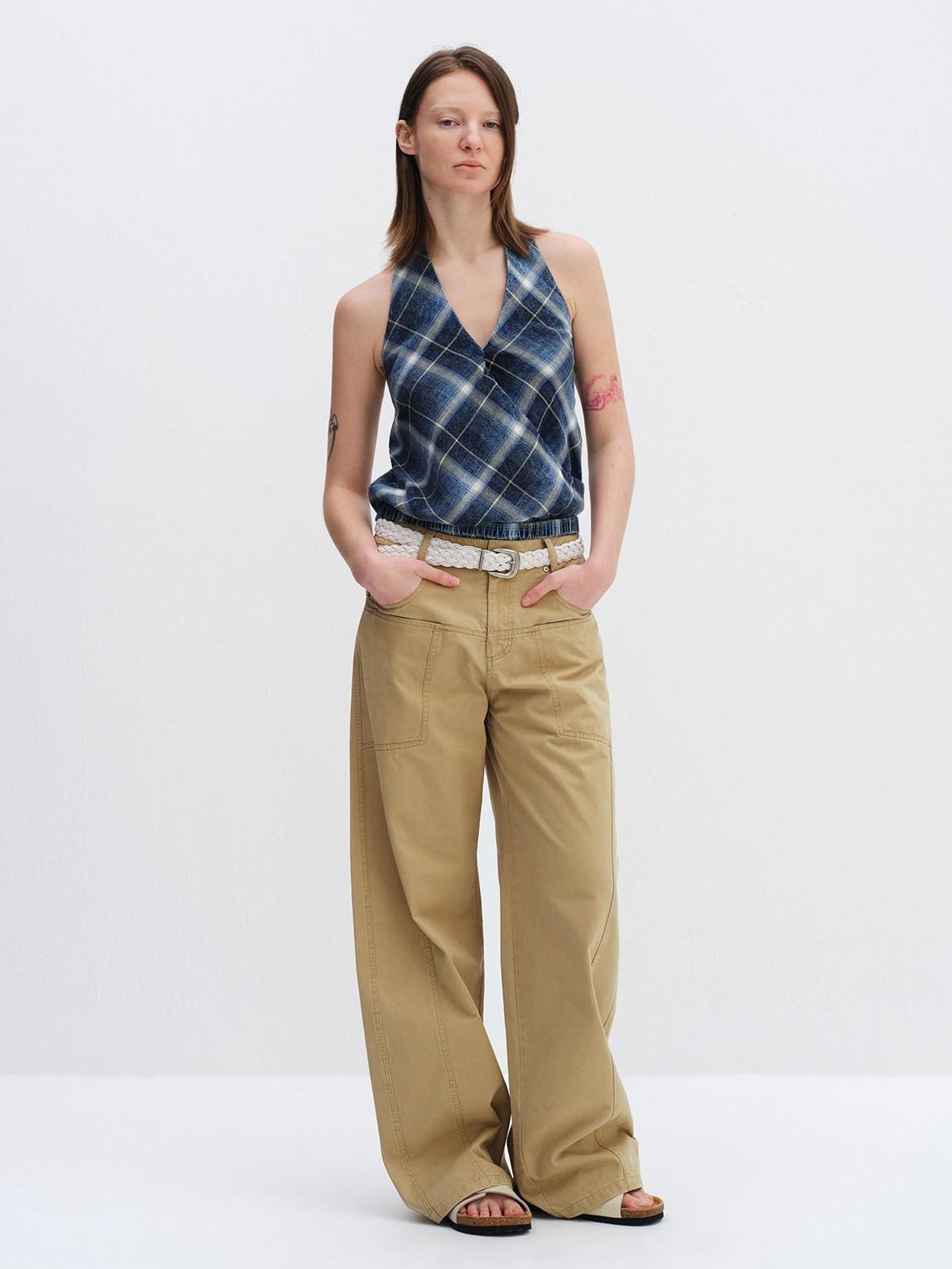 RUN TO THE FUTURE Pure Cotton Plaid V-neck Halter Slim Fit Elastic Hem Women T Shirt Crop Tops