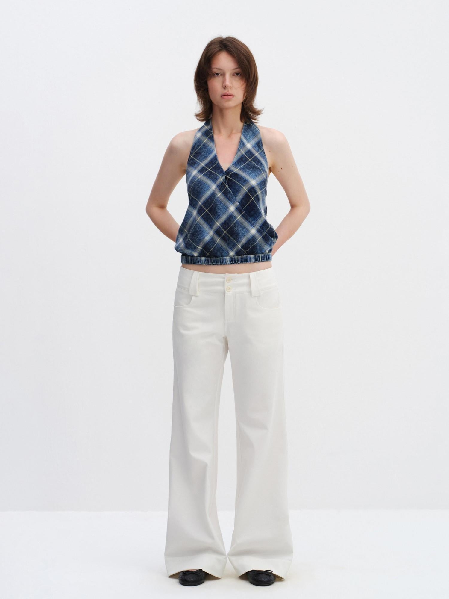 RUN TO THE FUTURE Pure Cotton Plaid V-neck Halter Slim Fit Elastic Hem Women T Shirt Crop Tops