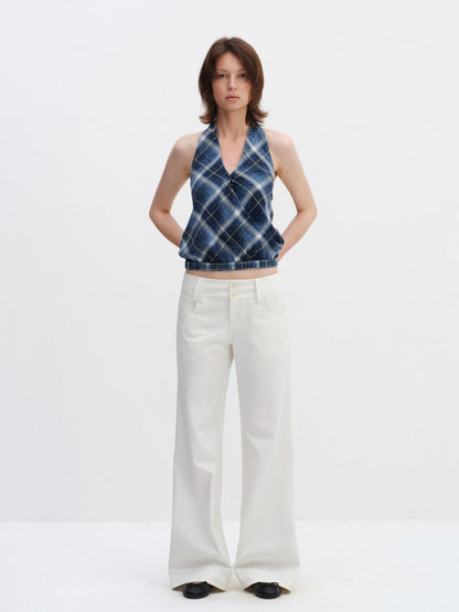 RUN TO THE FUTURE Pure Cotton Plaid V-neck Halter Slim Fit Elastic Hem Women T Shirt Crop Tops