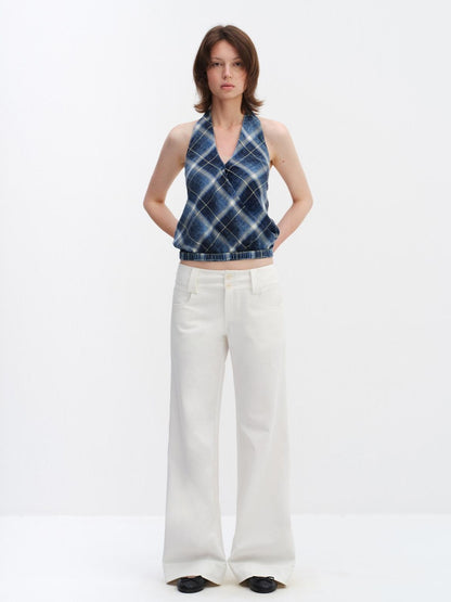 RUN TO THE FUTURE Pure Cotton Plaid V-neck Halter Slim Fit Elastic Hem Women T Shirt Crop Tops