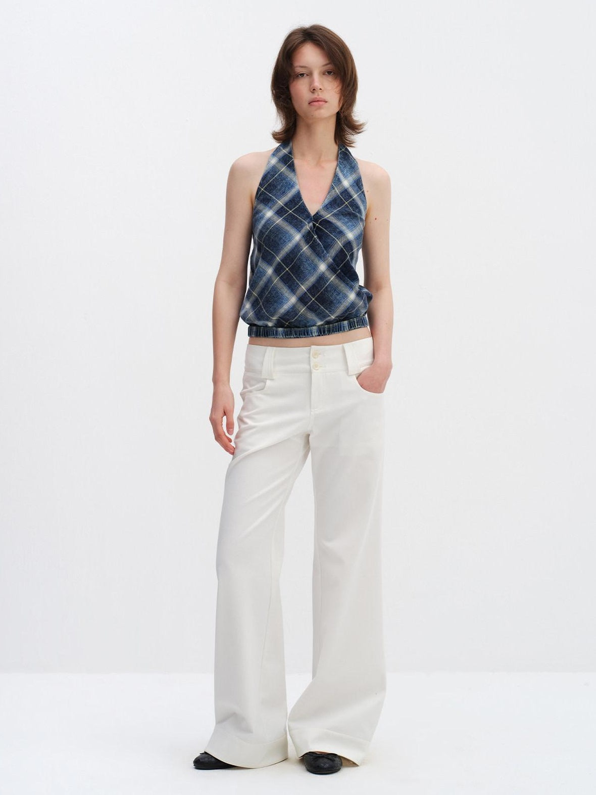 RUN TO THE FUTURE Pure Cotton Plaid V-neck Halter Slim Fit Elastic Hem Women T Shirt Crop Tops