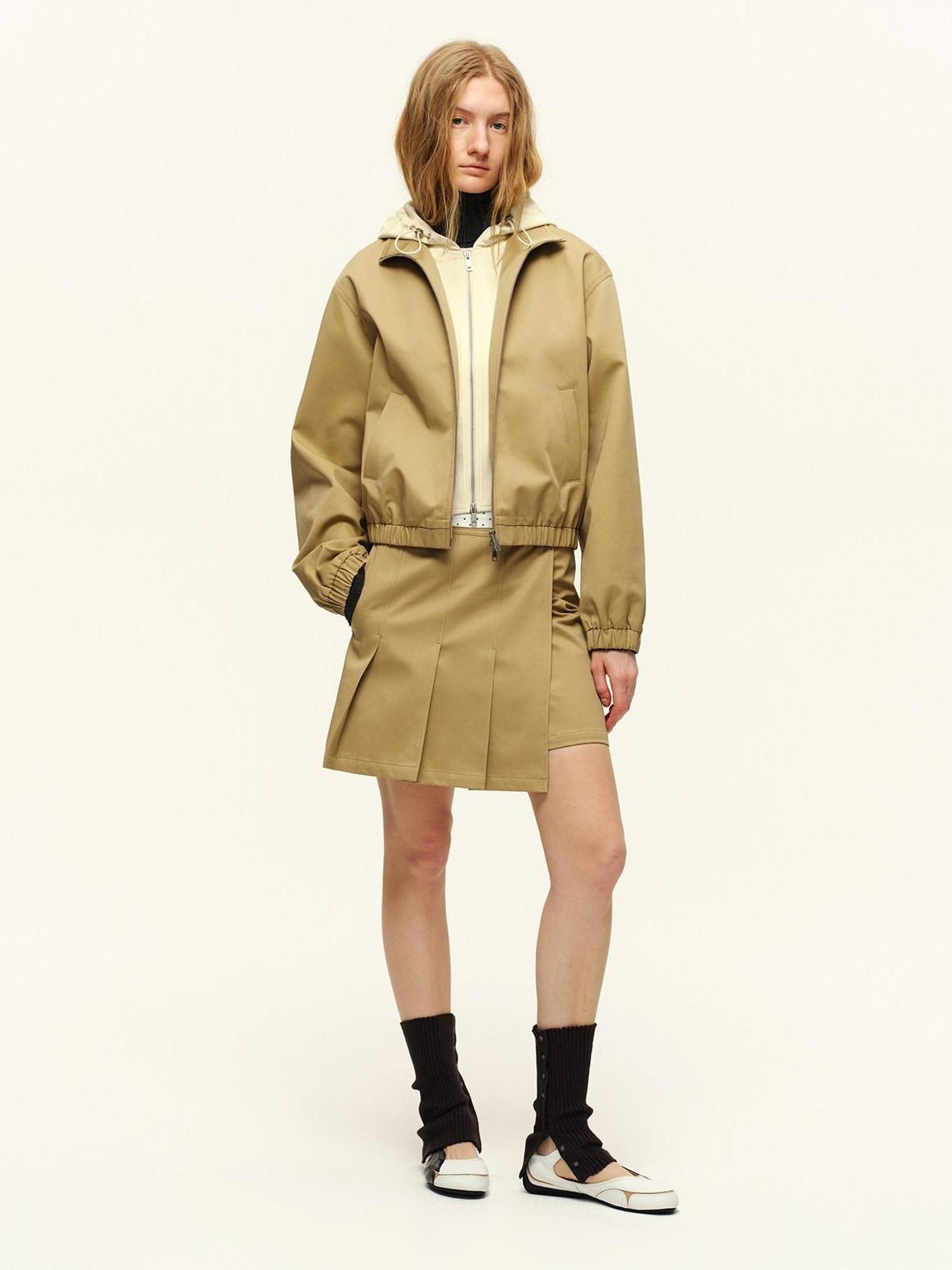 RUN TO THE FUTURE Pure Cotton Pleated A Line High Waist Side Slit Casual Khaki Mini Skirts