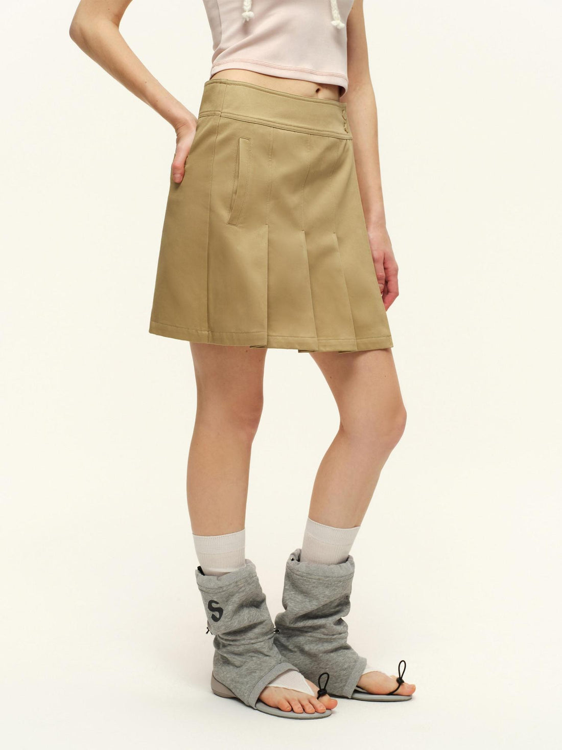 RUN TO THE FUTURE Pure Cotton Pleated A Line High Waist Side Slit Casual Khaki Mini Skirts