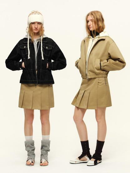 RUN TO THE FUTURE Pure Cotton Pleated A Line High Waist Side Slit Casual Khaki Mini Skirts