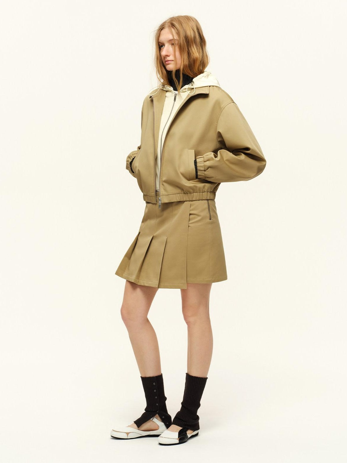 RUN TO THE FUTURE Pure Cotton Pleated A Line High Waist Side Slit Casual Khaki Mini Skirts