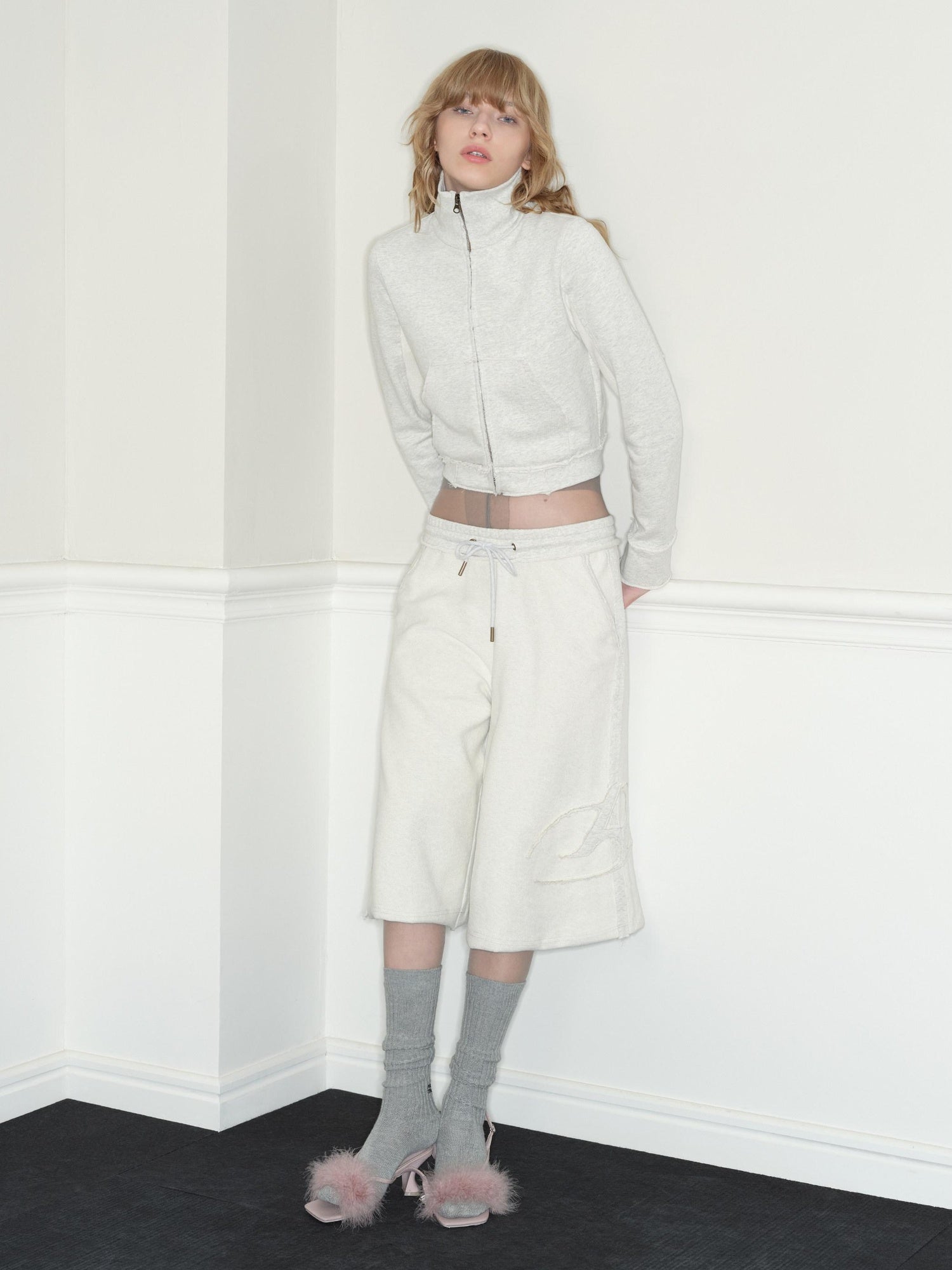 RUN TO THE FUTURE Pure Cotton Stand Collar Zip Cardigan Cropped Straight Retro Work Sweatshirts