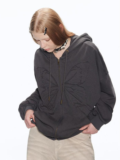 RUN TO THE FUTURE Pure Cotton Zip Up Applique Loose Fit Street Style Women Solid Hoodies