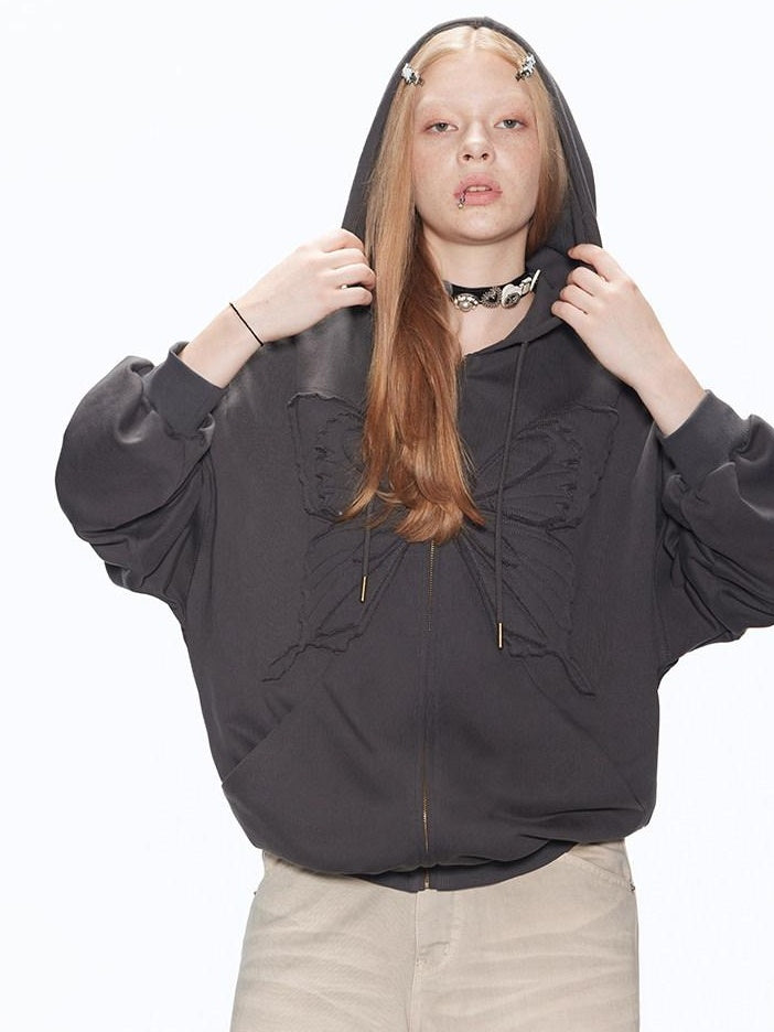 RUN TO THE FUTURE Pure Cotton Zip Up Applique Loose Fit Street Style Women Solid Hoodies
