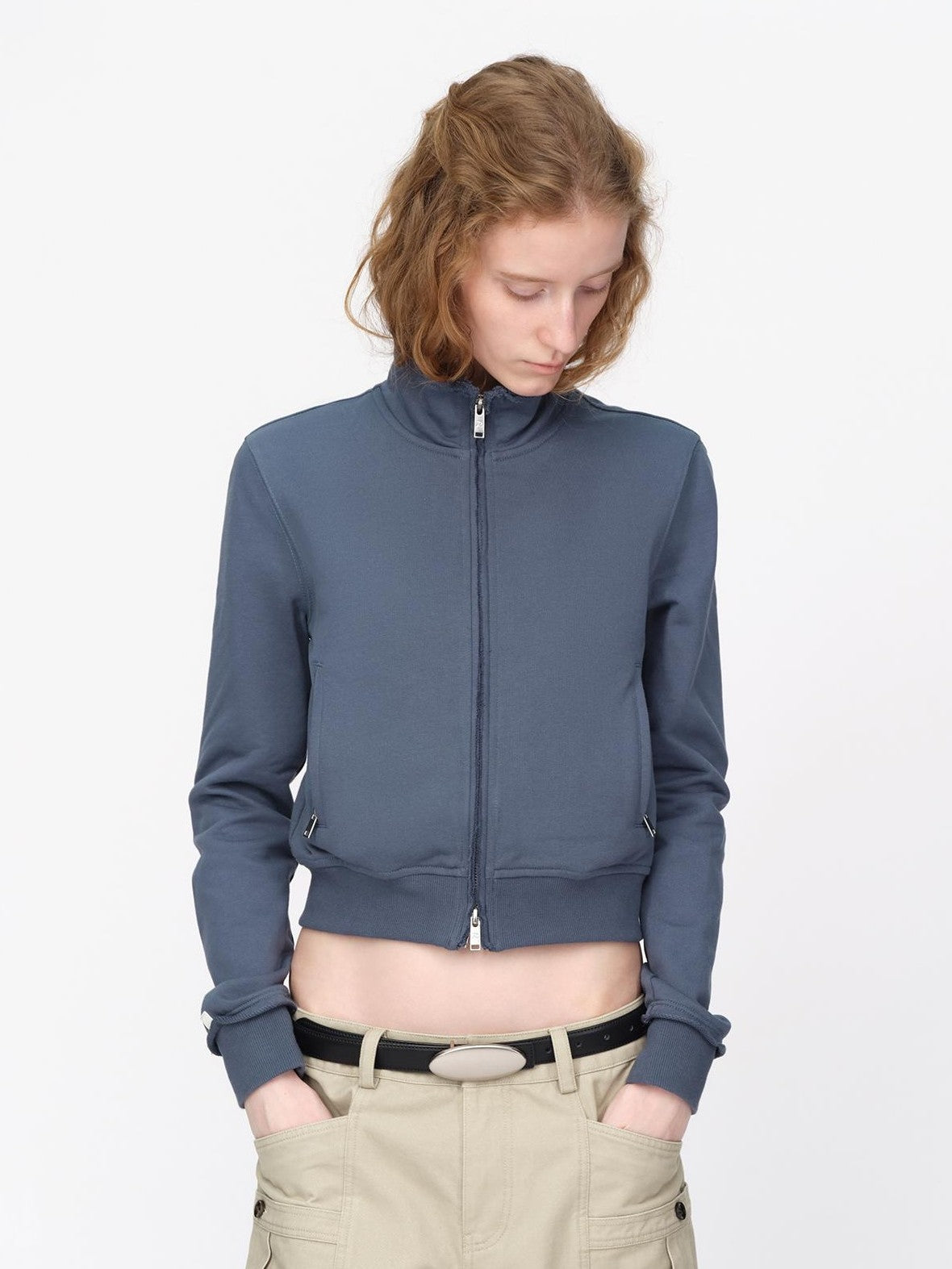 RUN TO THE FUTURE Raw Edge Loose Fit Zip Up Stand Collar Cotton Women&