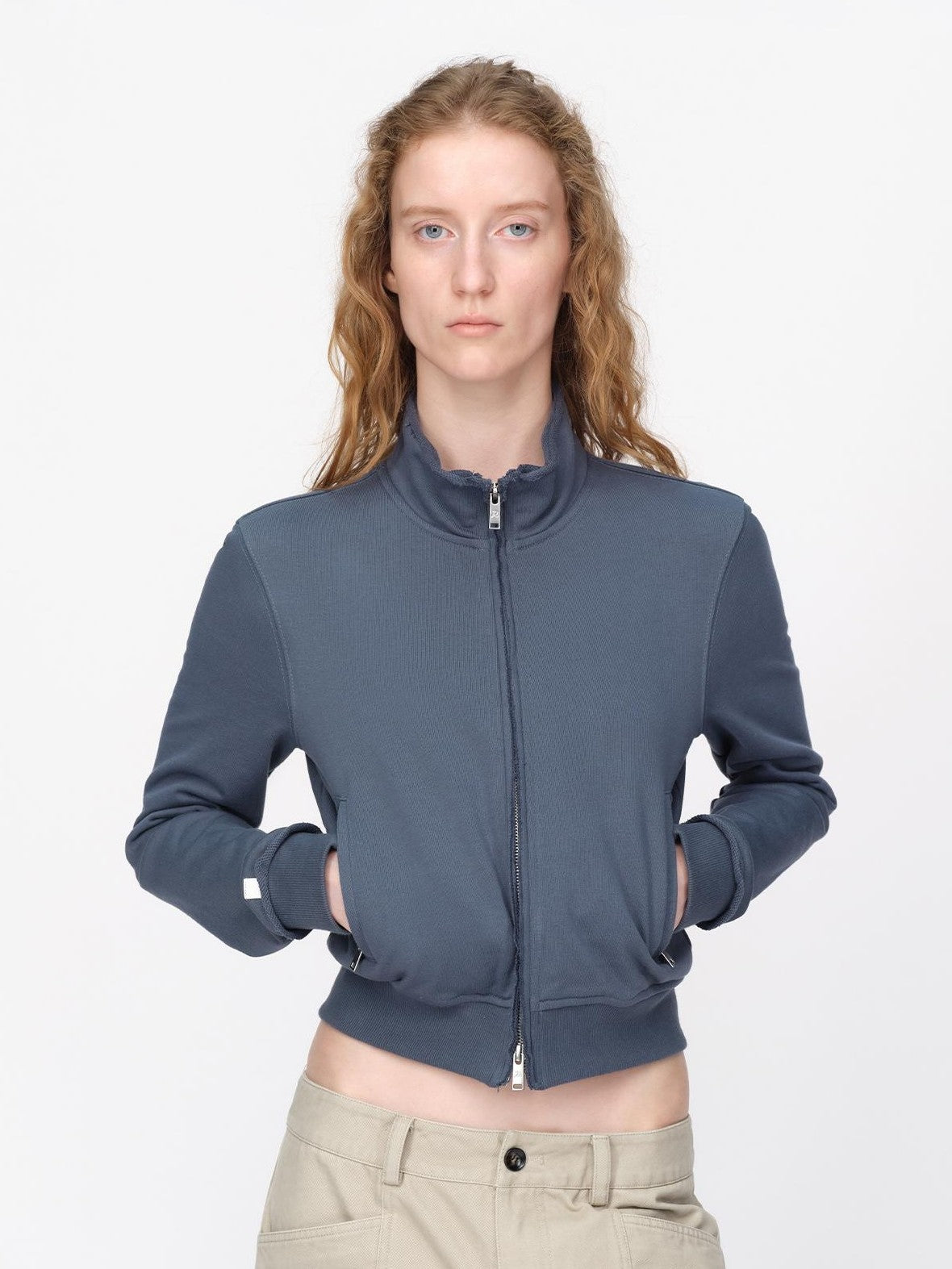 RUN TO THE FUTURE Raw Edge Loose Fit Zip Up Stand Collar Cotton Women&