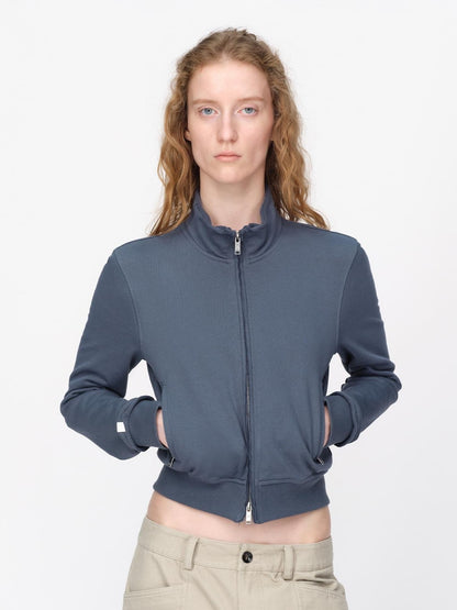 RUN TO THE FUTURE Raw Edge Loose Fit Zip Up Stand Collar Cotton Women&