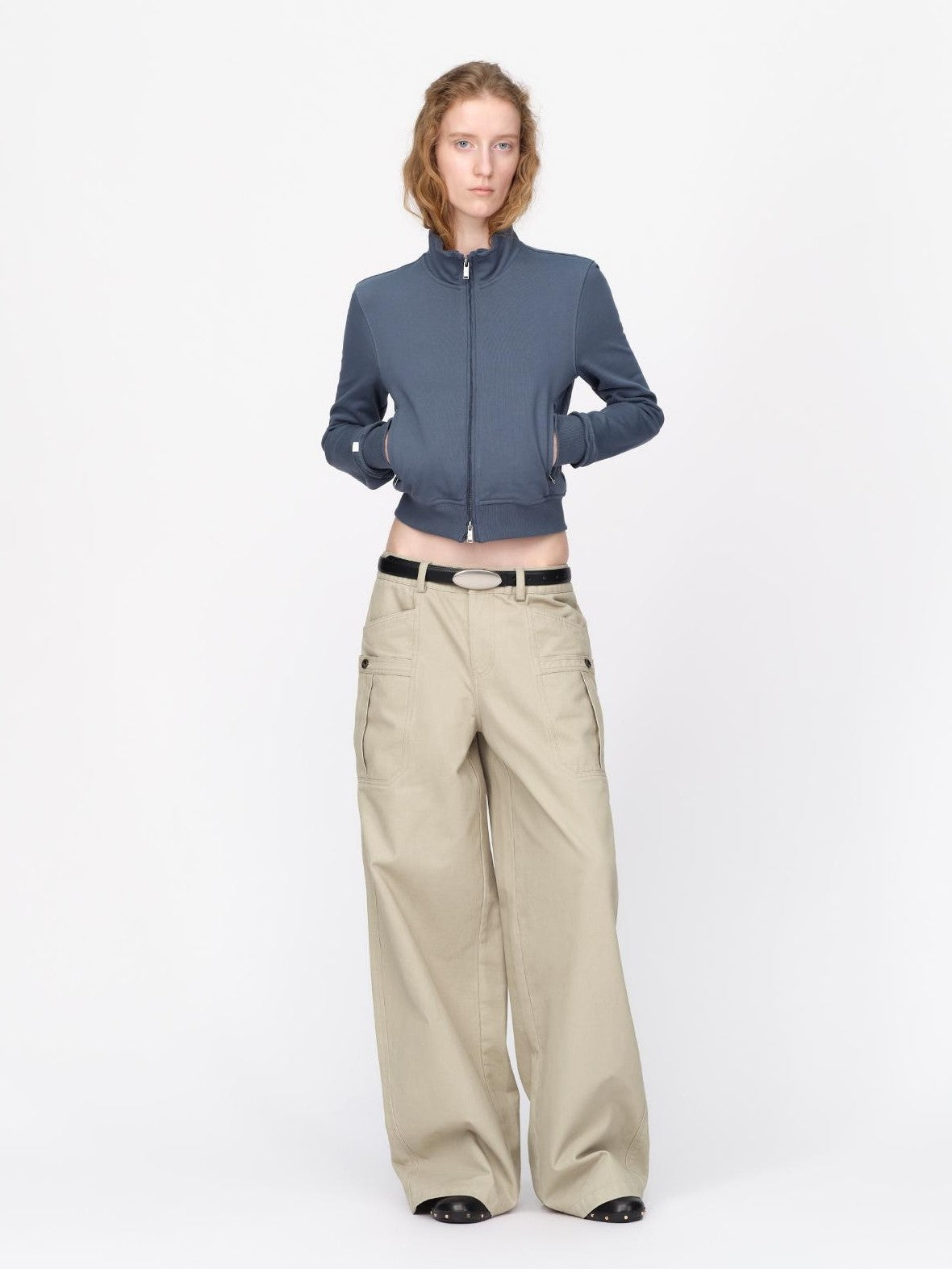 RUN TO THE FUTURE Raw Edge Loose Fit Zip Up Stand Collar Cotton Women&