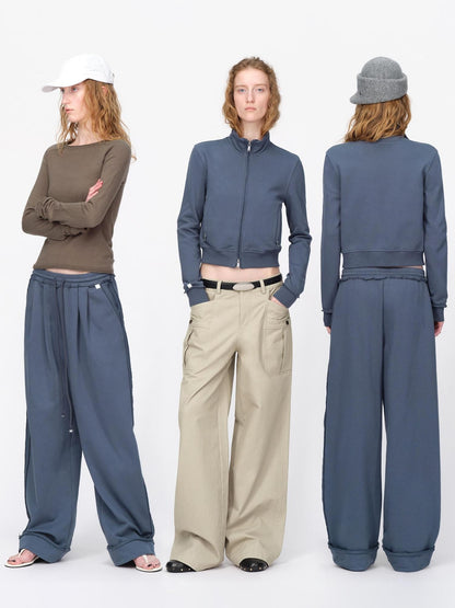 RUN TO THE FUTURE Raw Edge Loose Fit Zip Up Stand Collar Cotton Women&
