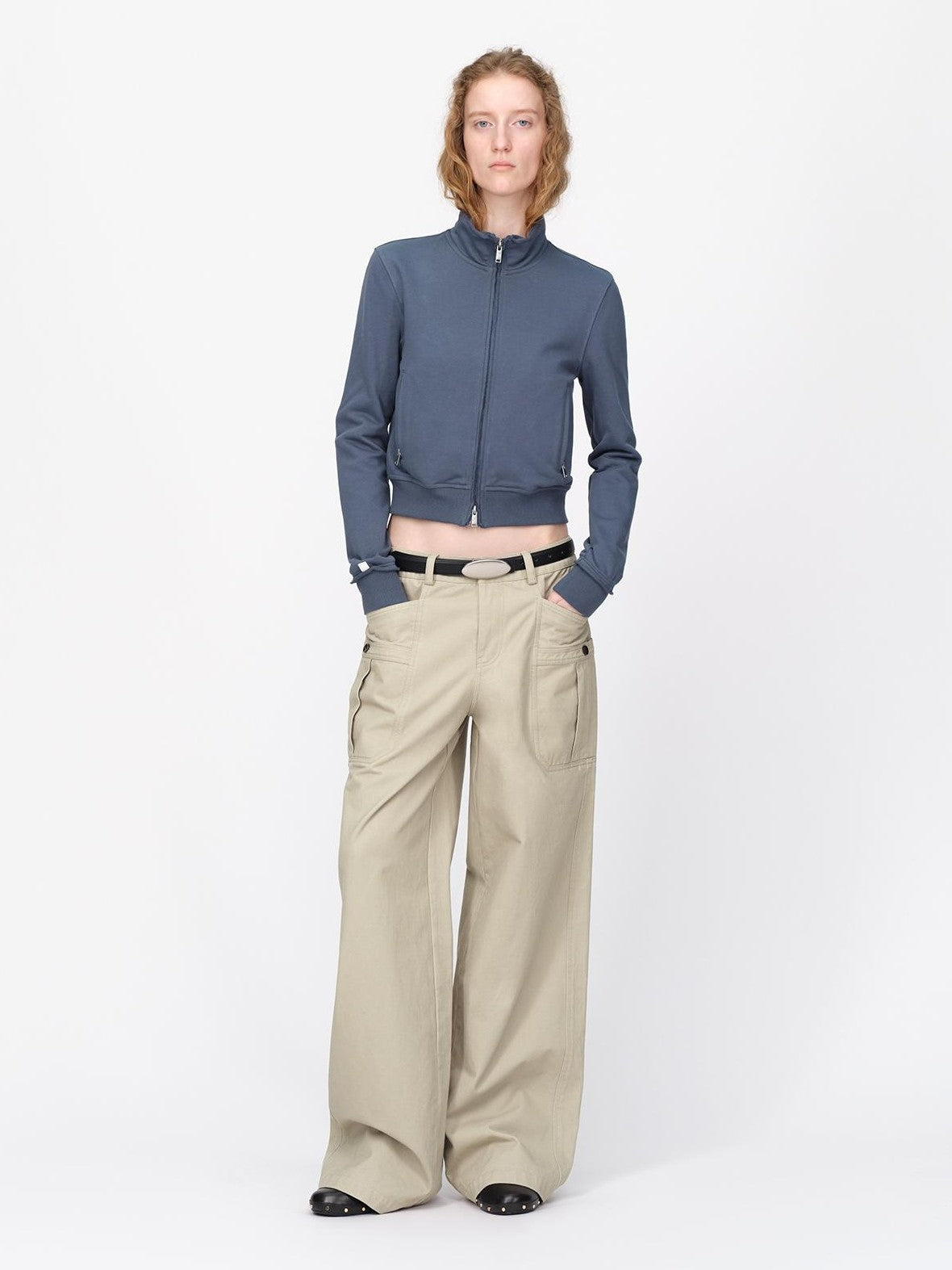 RUN TO THE FUTURE Raw Edge Loose Fit Zip Up Stand Collar Cotton Women&