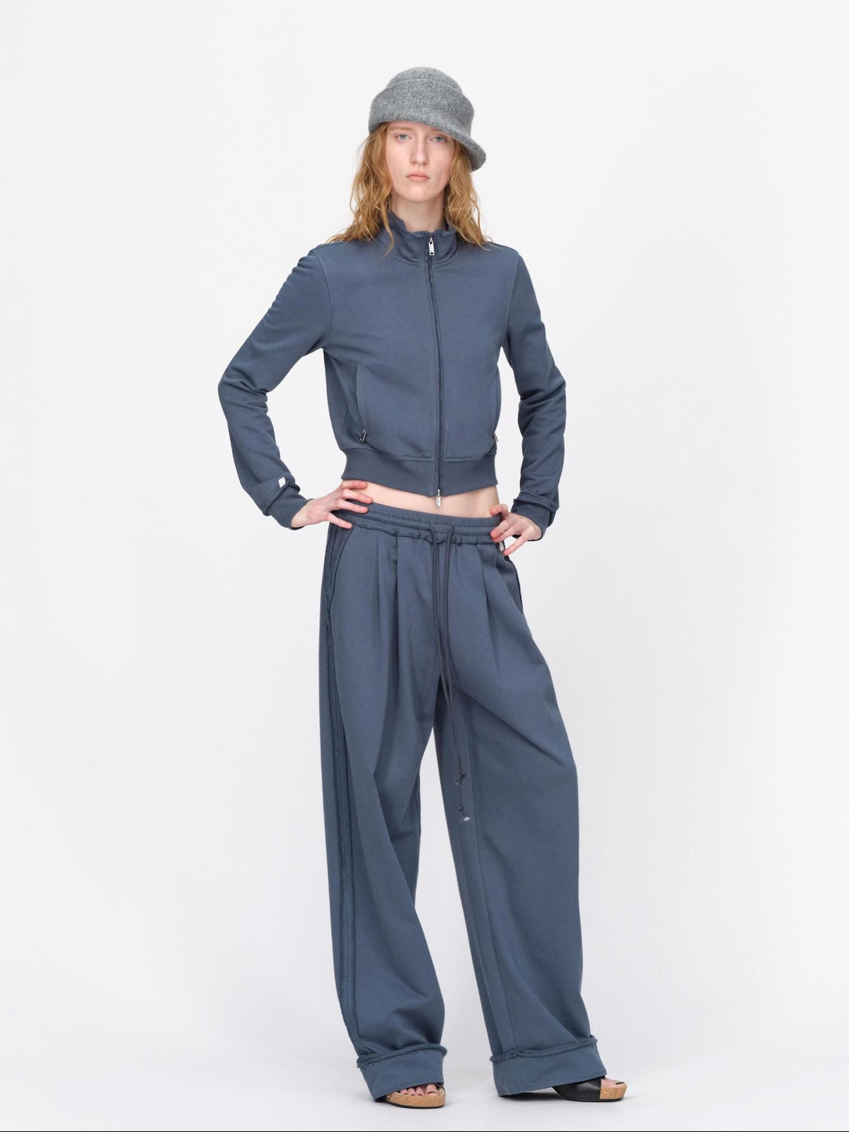 RUN TO THE FUTURE Raw Edge Loose Fit Zip Up Stand Collar Cotton Women&