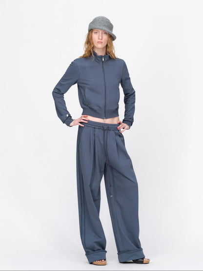 RUN TO THE FUTURE Raw Edge Loose Fit Zip Up Stand Collar Cotton Women&