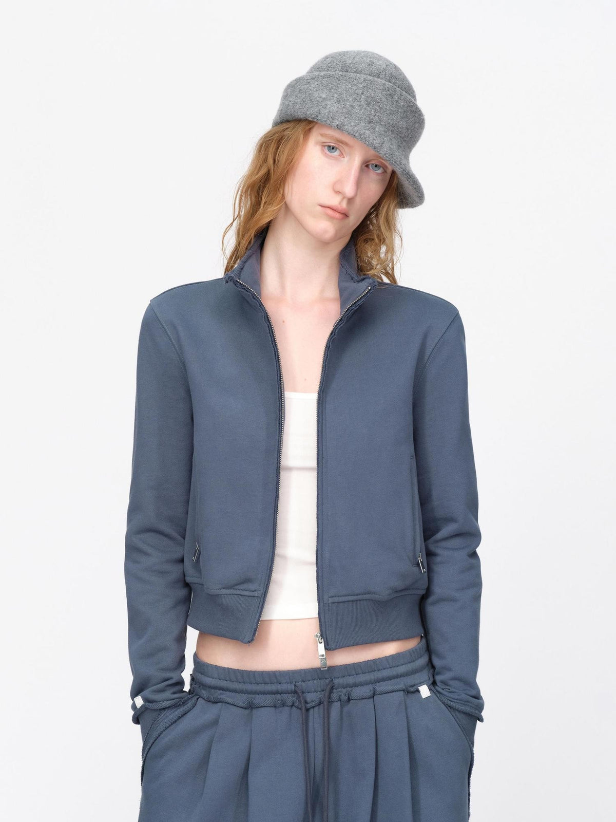 RUN TO THE FUTURE Raw Edge Loose Fit Zip Up Stand Collar Cotton Women&