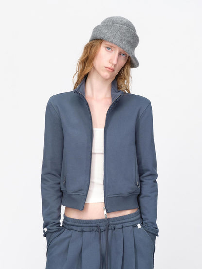RUN TO THE FUTURE Raw Edge Loose Fit Zip Up Stand Collar Cotton Women&