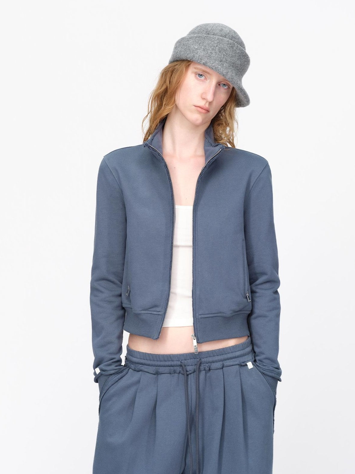 RUN TO THE FUTURE Raw Edge Loose Fit Zip Up Stand Collar Cotton Women&
