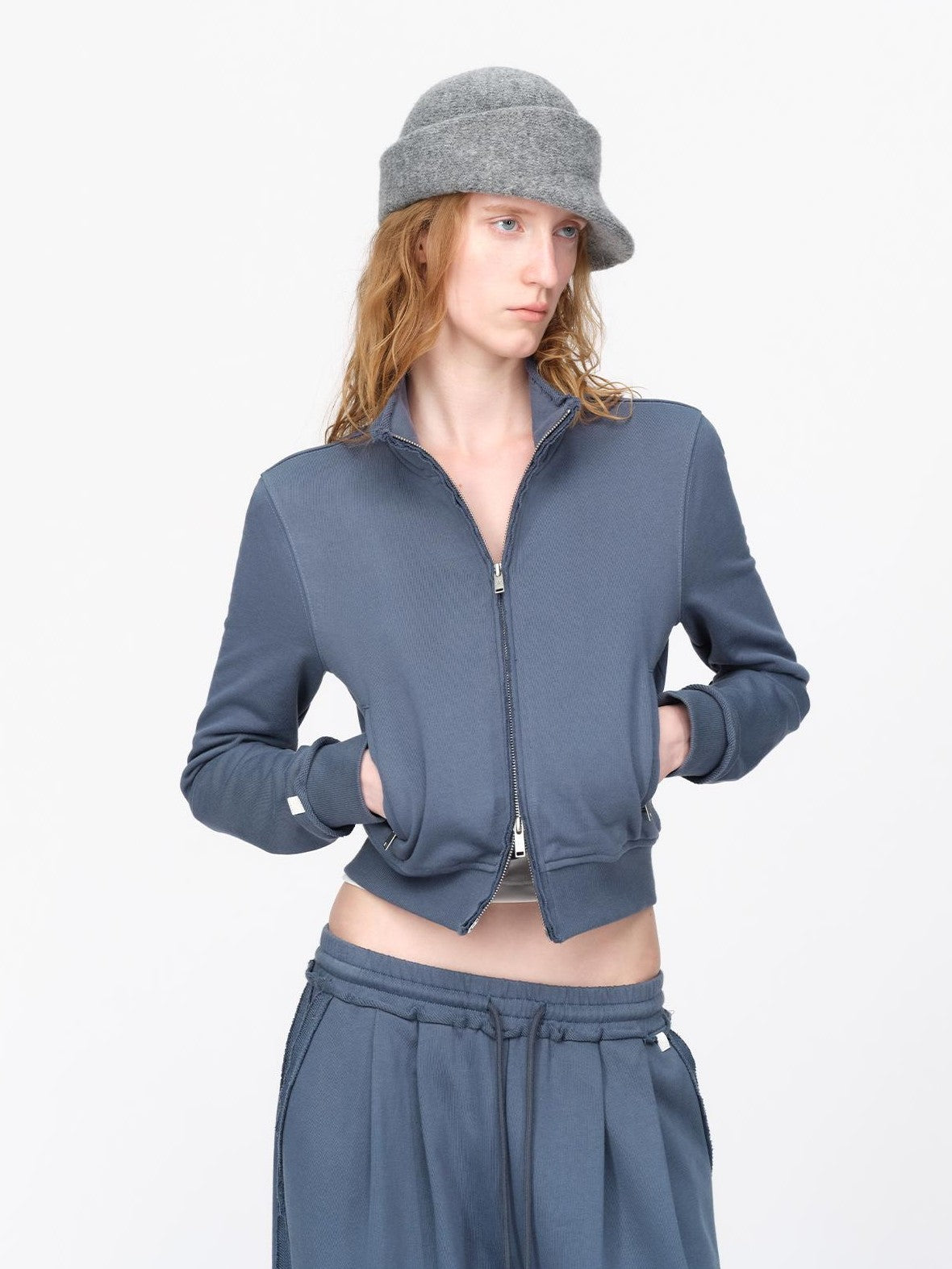 RUN TO THE FUTURE Raw Edge Loose Fit Zip Up Stand Collar Cotton Women&