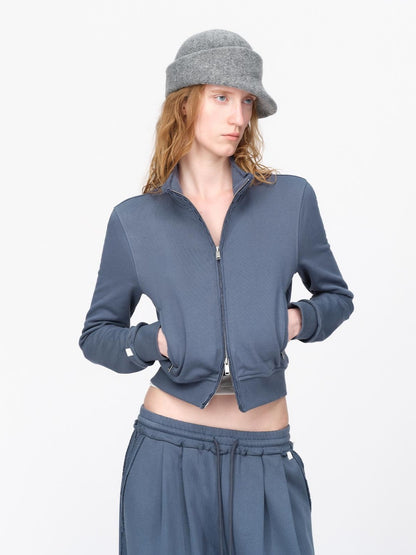 RUN TO THE FUTURE Raw Edge Loose Fit Zip Up Stand Collar Cotton Women&