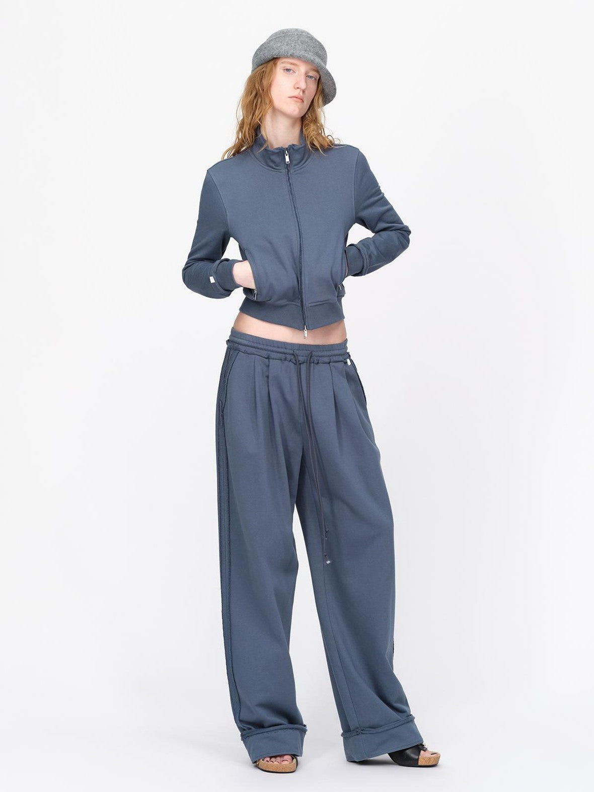 RUN TO THE FUTURE Raw Edge Loose Fit Zip Up Stand Collar Cotton Women&