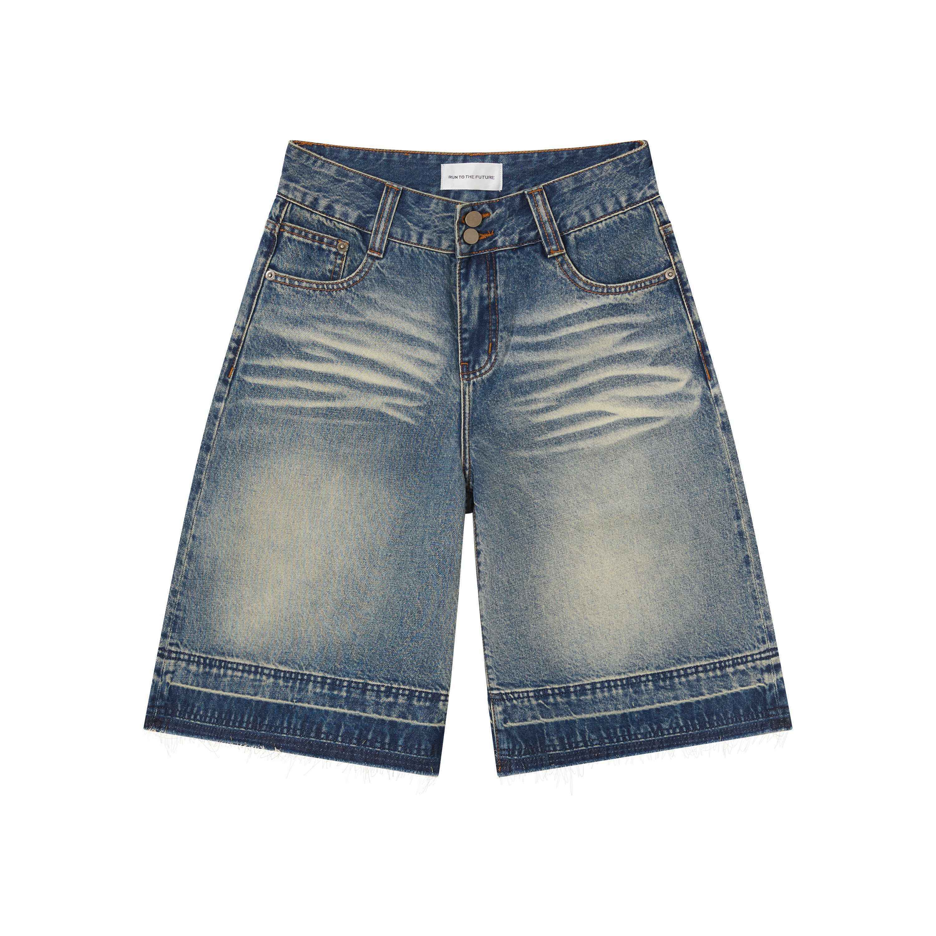 RUN TO THE FUTURE Relaxed Low Rise Washed Vintage Blue Wide Leg Casual Zip Fly Denim Shorts
