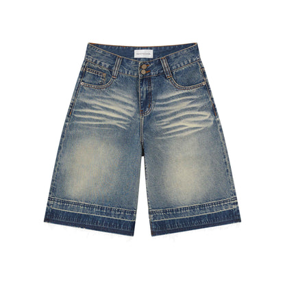 RUN TO THE FUTURE Relaxed Low Rise Washed Vintage Blue Wide Leg Casual Zip Fly Denim Shorts