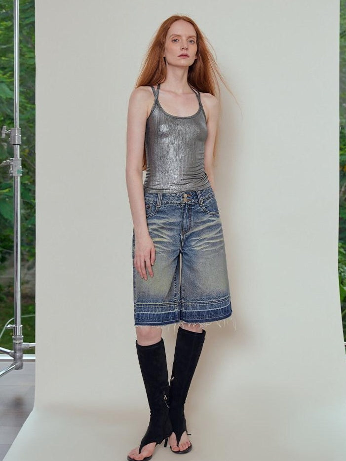RUN TO THE FUTURE Relaxed Low Rise Washed Vintage Blue Wide Leg Casual Zip Fly Denim Shorts