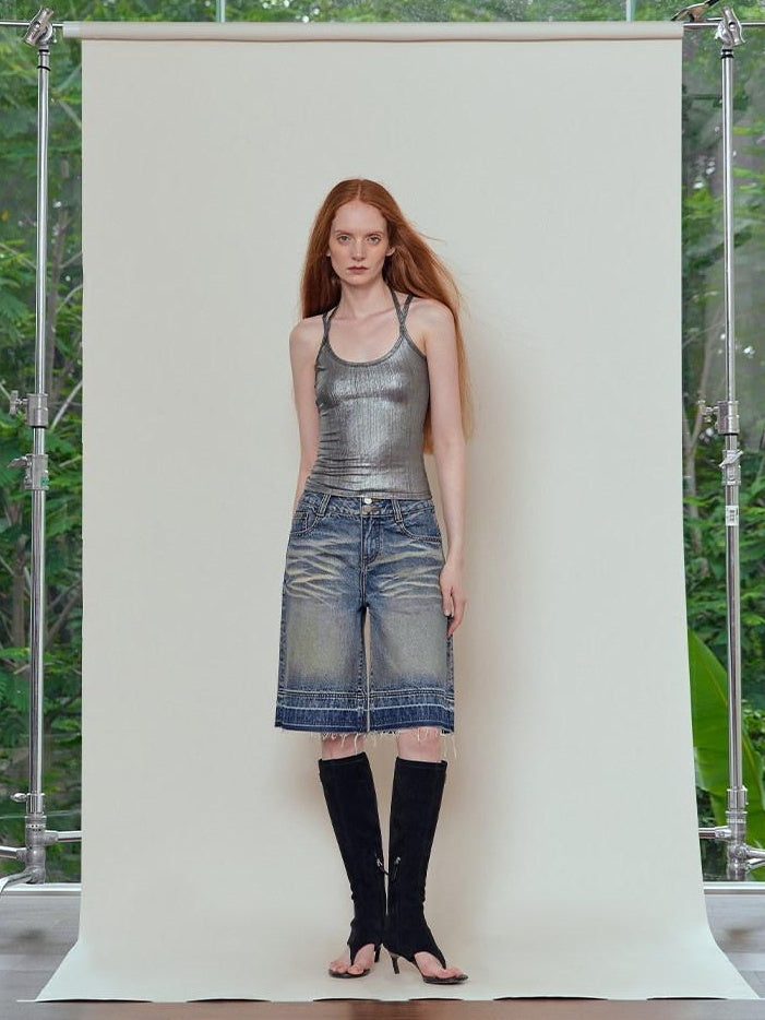 RUN TO THE FUTURE Relaxed Low Rise Washed Vintage Blue Wide Leg Casual Zip Fly Denim Shorts