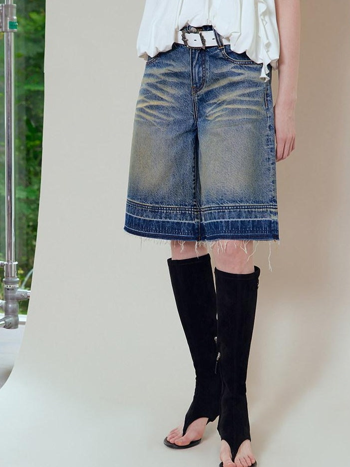 RUN TO THE FUTURE Relaxed Low Rise Washed Vintage Blue Wide Leg Casual Zip Fly Denim Shorts