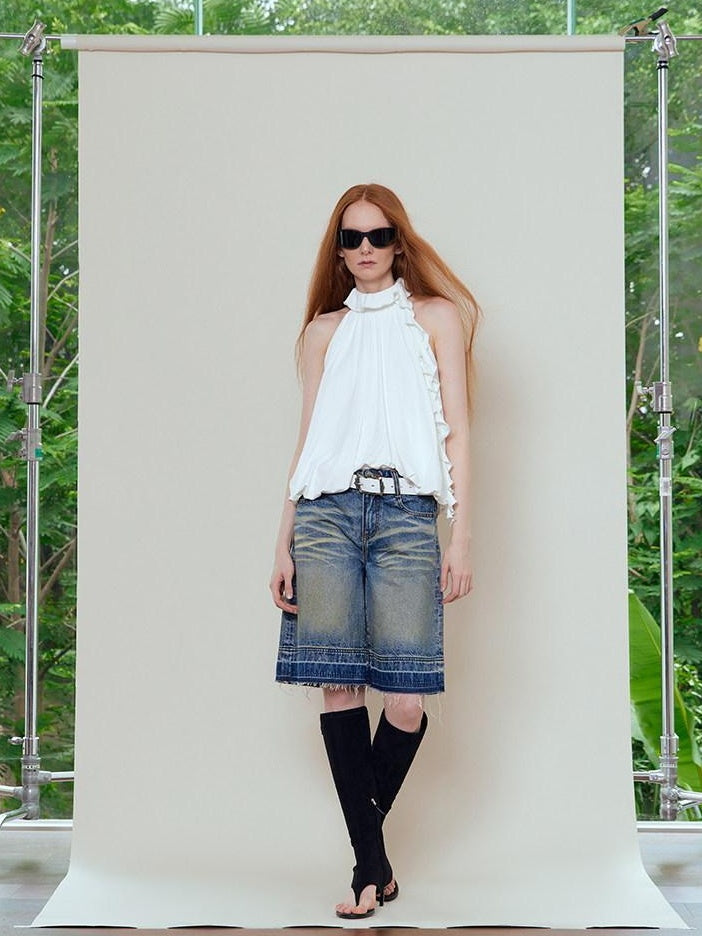 RUN TO THE FUTURE Relaxed Low Rise Washed Vintage Blue Wide Leg Casual Zip Fly Denim Shorts