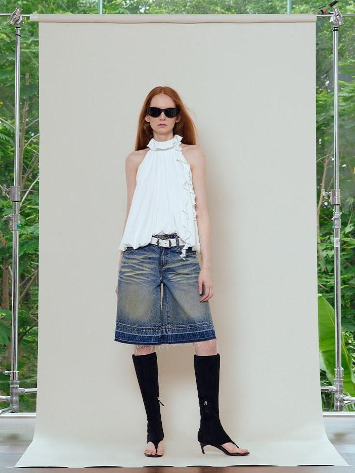 RUN TO THE FUTURE Relaxed Low Rise Washed Vintage Blue Wide Leg Casual Zip Fly Denim Shorts