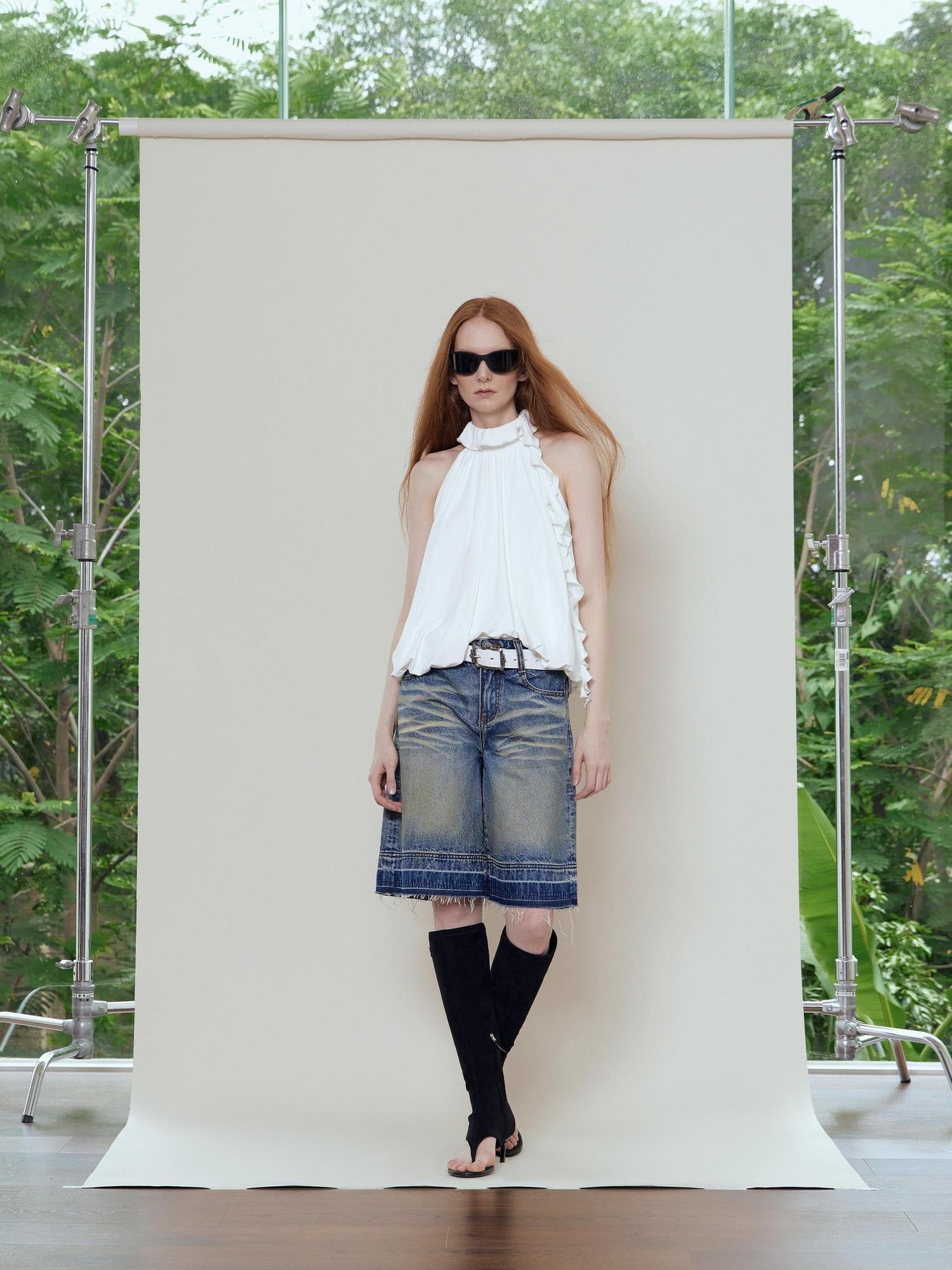 RUN TO THE FUTURE Relaxed Low Rise Washed Vintage Blue Wide Leg Casual Zip Fly Denim Shorts