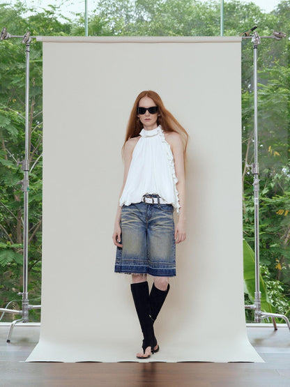 RUN TO THE FUTURE Relaxed Low Rise Washed Vintage Blue Wide Leg Casual Zip Fly Denim Shorts