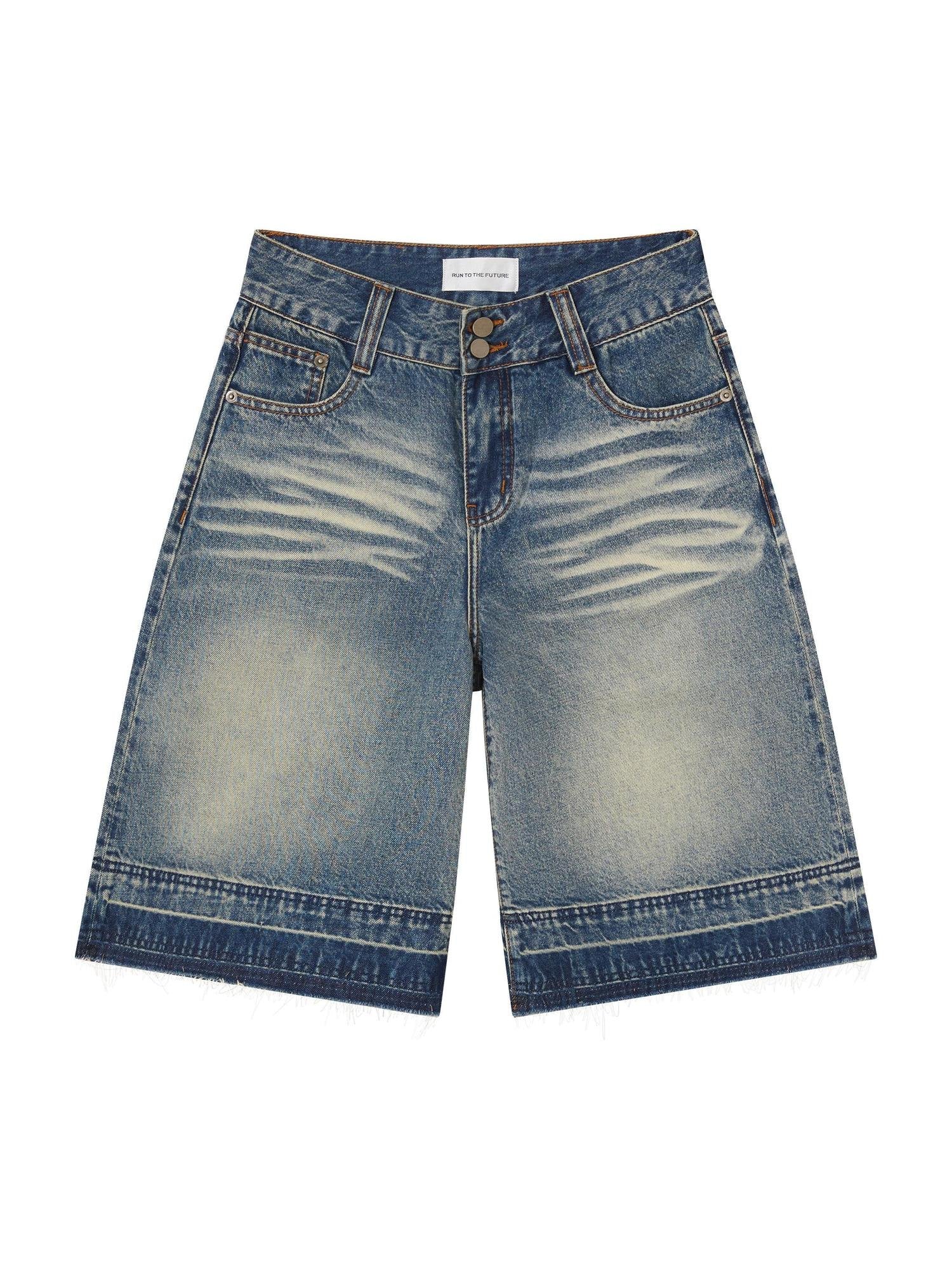 RUN TO THE FUTURE Relaxed Low Rise Washed Vintage Blue Wide Leg Casual Zip Fly Denim Shorts